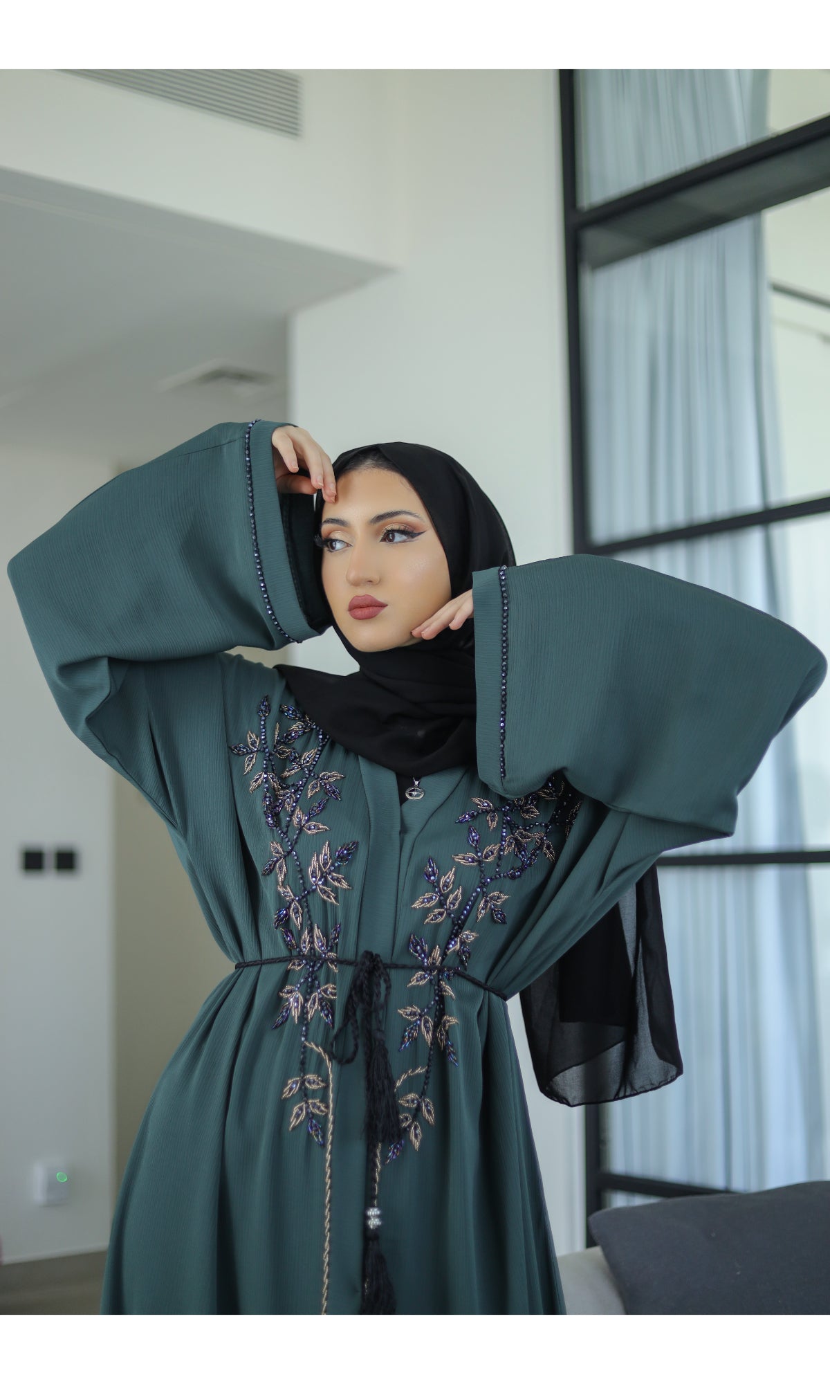 Sheikha Embellished Abaya Turquoise