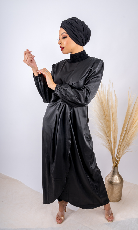 Luxe Black Wrap Satin Dress