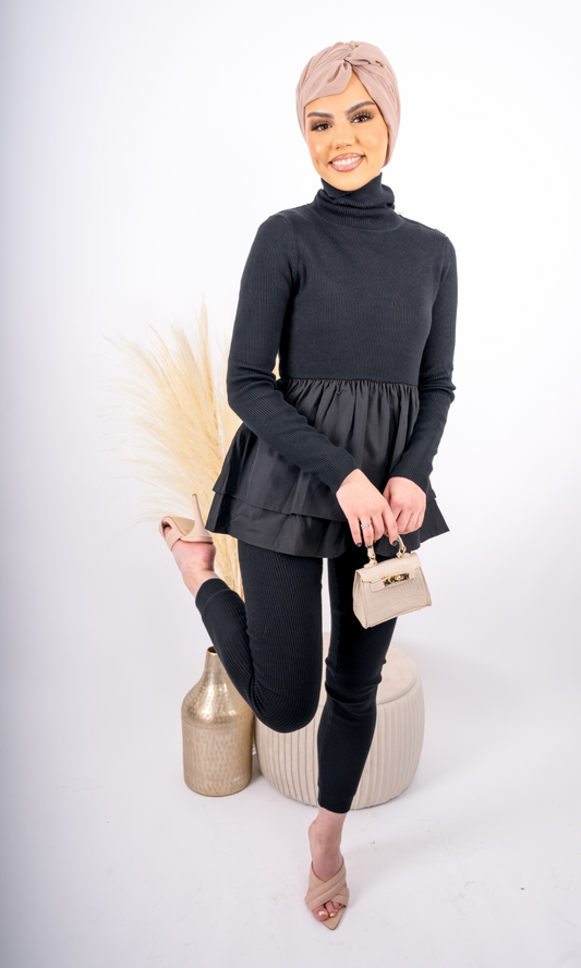 Daria High Neck Peplum Knit Set - Black