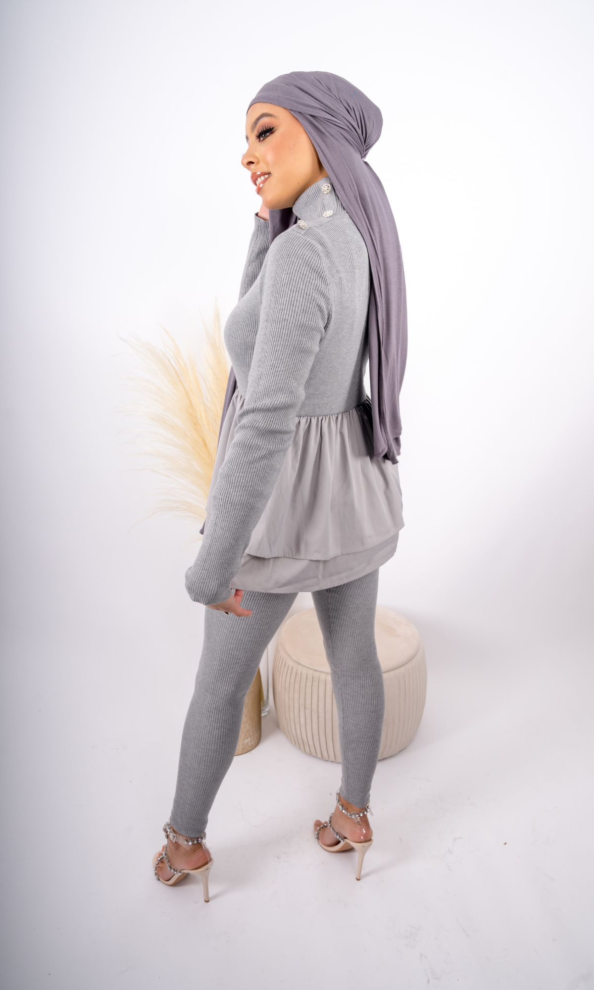 Daria High Neck Peplum Knit Set - Grey